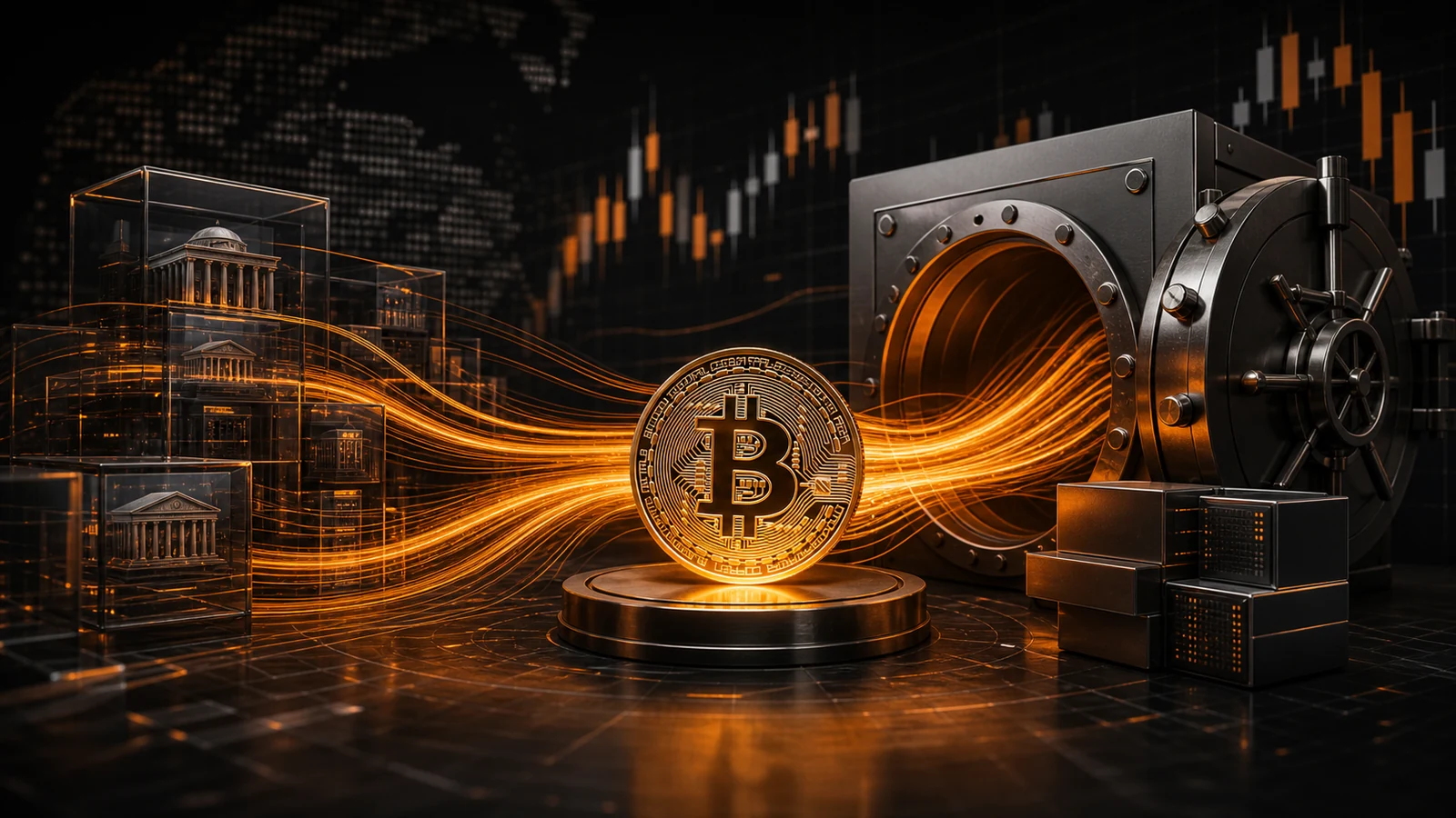 Grafisk bild som visar Bitcoin ETF, fondflöden och institutionell förvaring