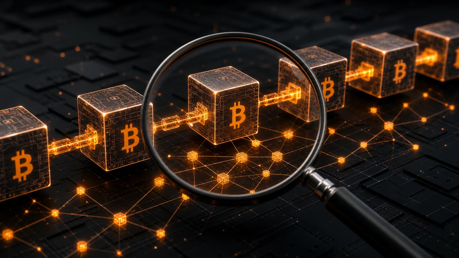 Grafisk artikelbild för Bitcoin block explorer. Så läser du kedjan