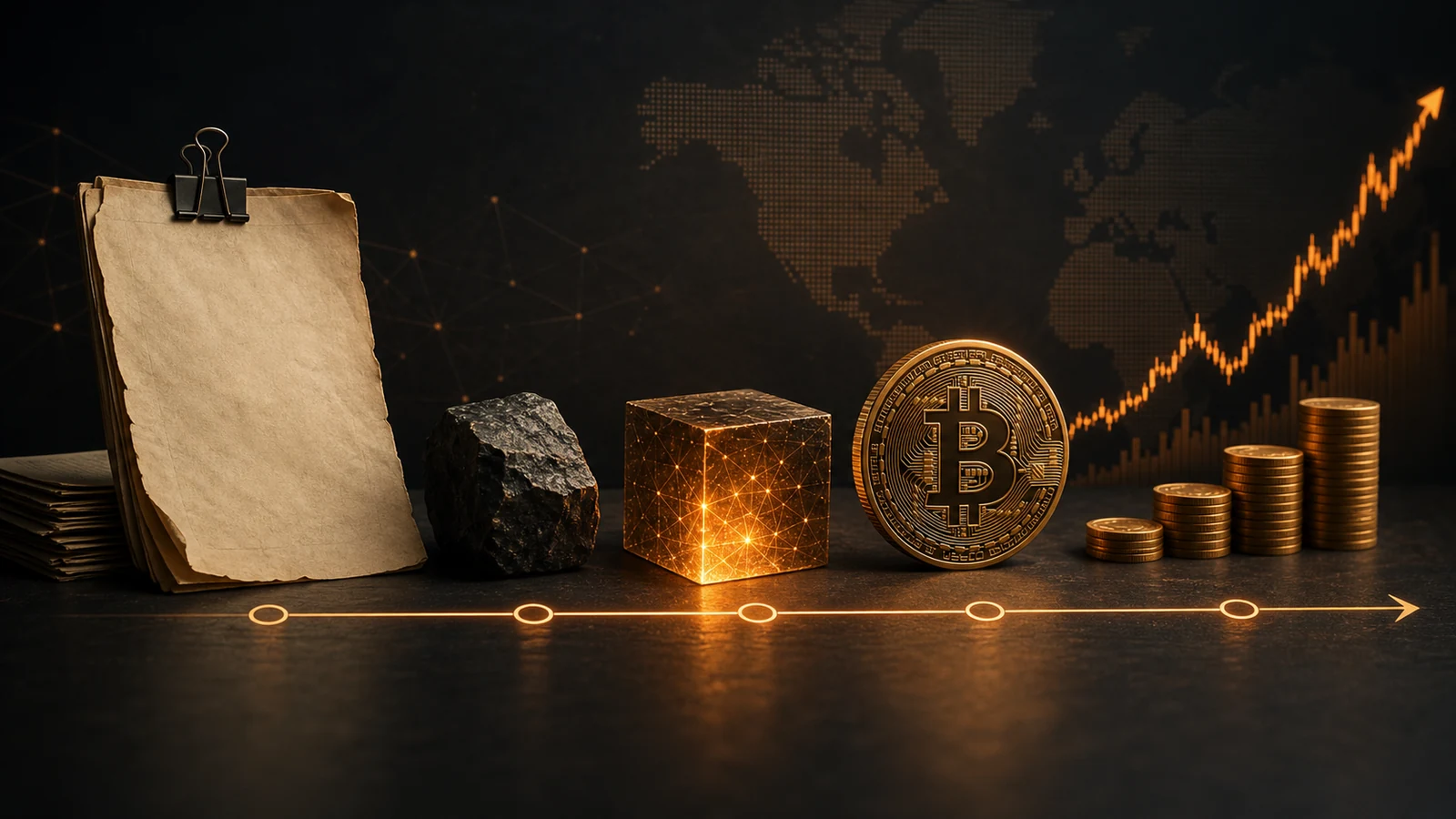 Grafisk bild som visar Bitcoins historia från tidiga block till modern marknad
