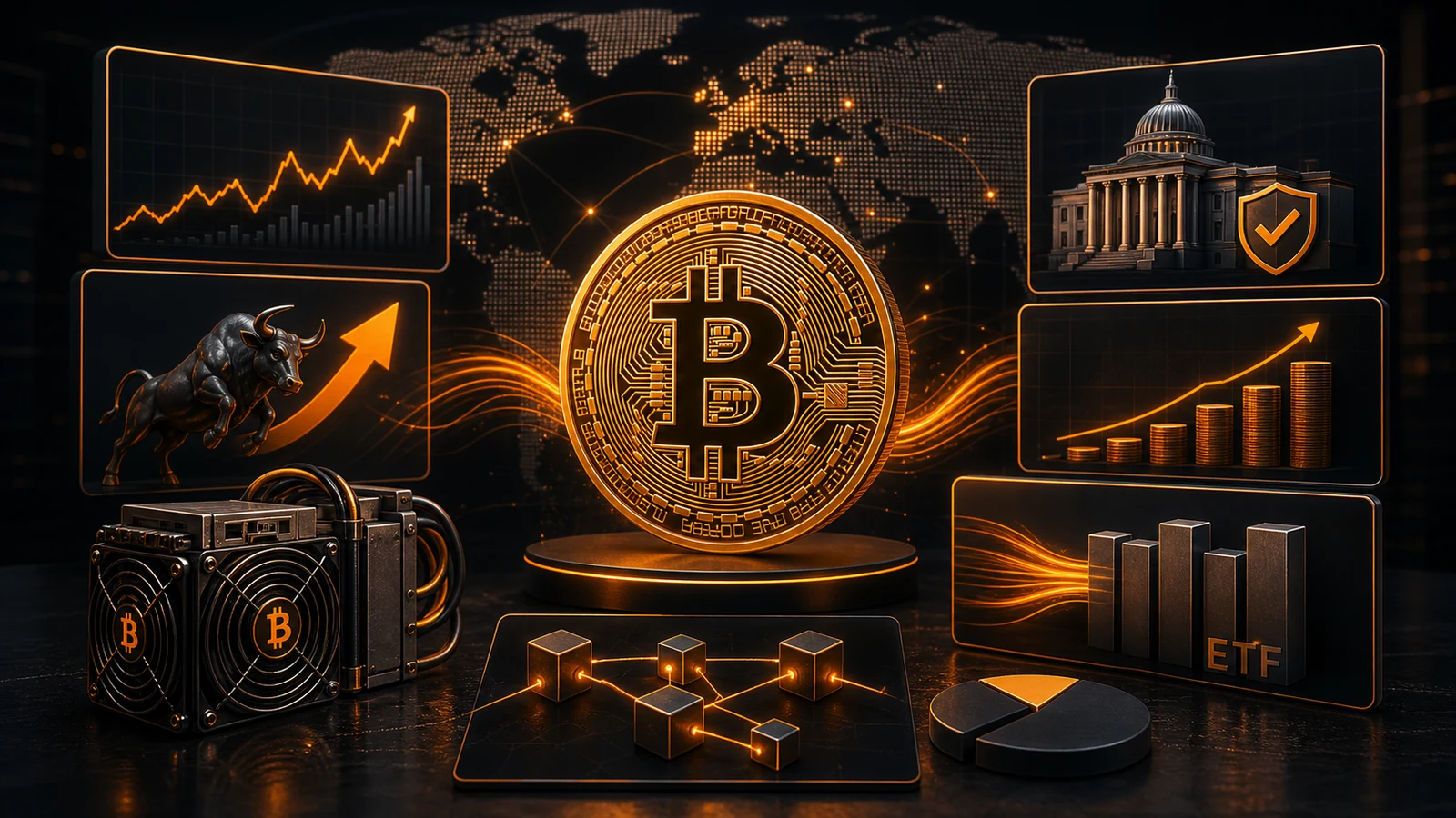 Grafisk artikelbild för Bitcoin nyheter. Marknad, reglering och BTC pris