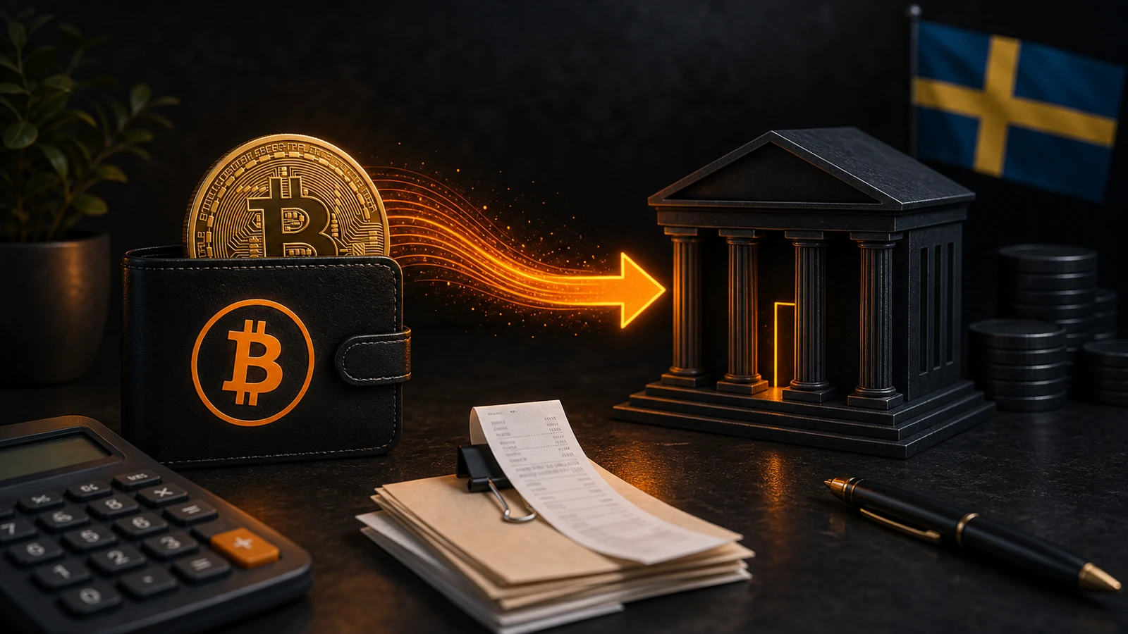 Grafisk bild som visar försäljning av bitcoin och uttag till bank